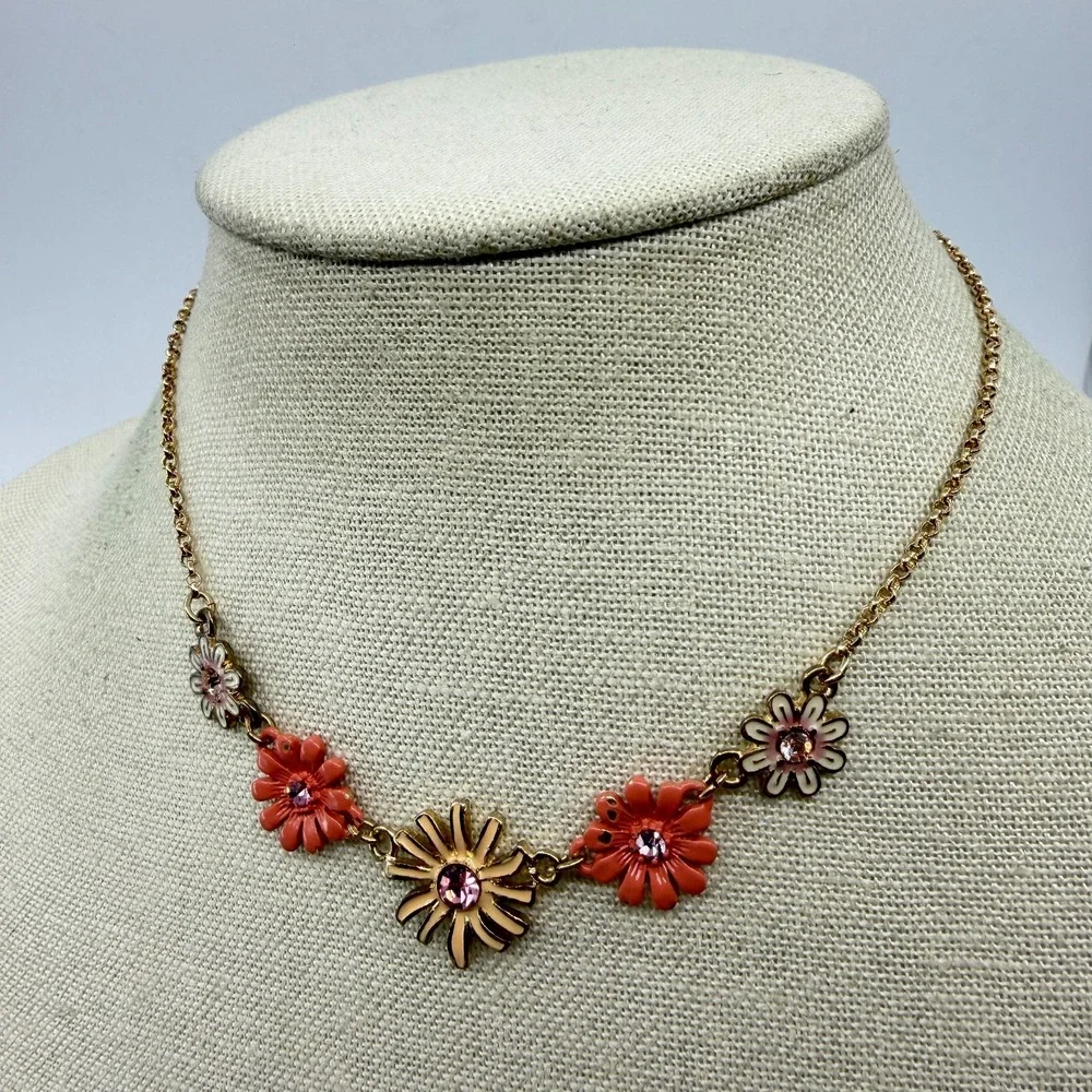 Gold Tone Pink Floral Rhinestone Necklace Daisy Coquette Cottagecore Gift